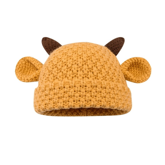Xfvqtps Womens Cute OX Horn Hat with Ear Cuffed Solid Color Stretch Windproof Coldproof Fashion Versatile Warm Winter Beanie Yellow