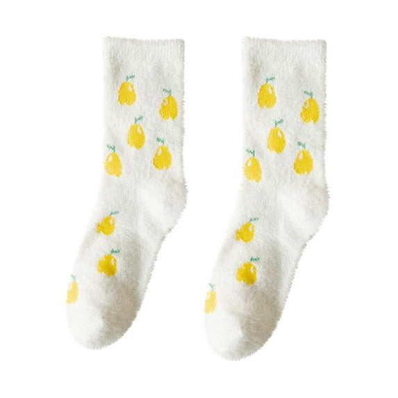 Xfvqtps Womens Cute Socks Coral Fleece Pear Fruits Embroidery Mid Tube Thickened Comfortable Soft Cozy Indoor Sleep Warm Winter Fluffy Socks White-01