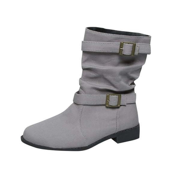 Xfvqtps Womens Denim Mid Calf Boots Chunky Heel Western Cowboy Boots with Buckle Straps Pleats Round Toe Winter Fashion Casual Boots Gray