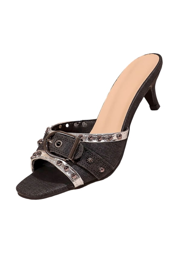 Womens Denim Slide Heeled Sandals Open Square Toe Vintage Buckle Decor Kitten Heels Casual Outing Pumps Shoes