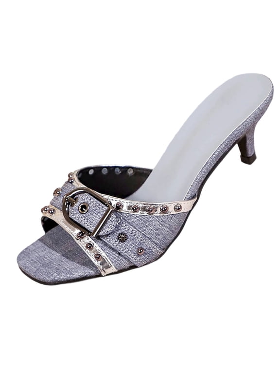 Womens Denim Slide Heeled Sandals Open Square Toe Vintage Buckle Decor Kitten Heels Casual Outing Pumps Shoes