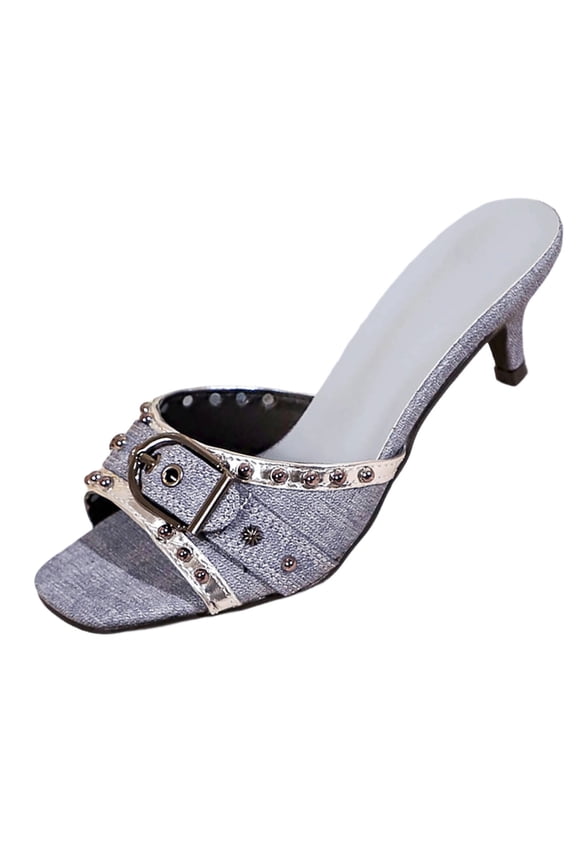 Womens Denim Slide Heeled Sandals Open Square Toe Vintage Buckle Decor Kitten Heels Casual Outing Pumps Shoes