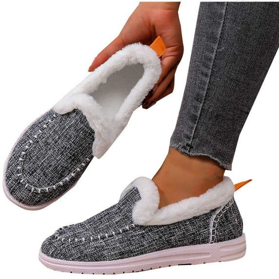 Xfvqtps Womens Denim Style Slippers Fleece Lined House Shoes Indoor Outdoor Comfortable Pull on Design Gray