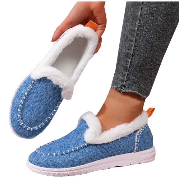 Xfvqtps Womens Denim Style Slippers Fleece Lined House Shoes Indoor Outdoor Comfortable Pull on Design Light Blue