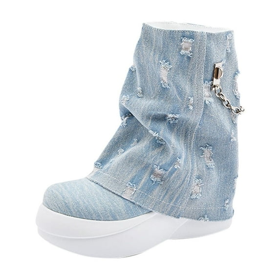Xfvqtps Womens Distressed Denim Ankle Boots Winter Fashion Flatform Booties Vintage Washed Comfortable Casual Boots with Chain Blue