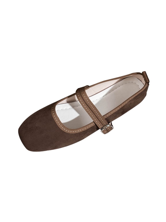 Womens Double Strap Mary Jane Flats Casual Shoes Buckle Loafers Square Toe Flat Shoes for Women Comfortable Soft Sole Vintage Style Everyday Slip on Shoes Coffee