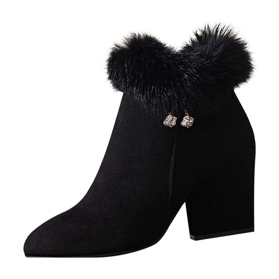 Xfvqtps Womens Dress Ankle Boots Pointed Toe Rhinestone Accent Chunky Heel Booties Side Zip Fashion Shoes for Fall Winter Outfit