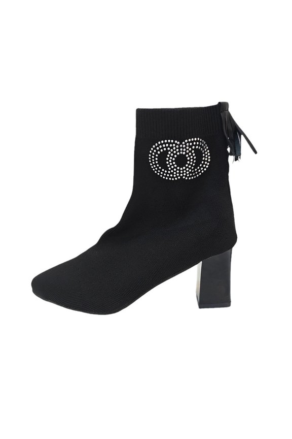 Womens Elastic Sock Boots Pointed Toe Moderate Heel Fashion Booties with Rhinestone Accent Versatile Outdoor Indoor Winter Shoes Black