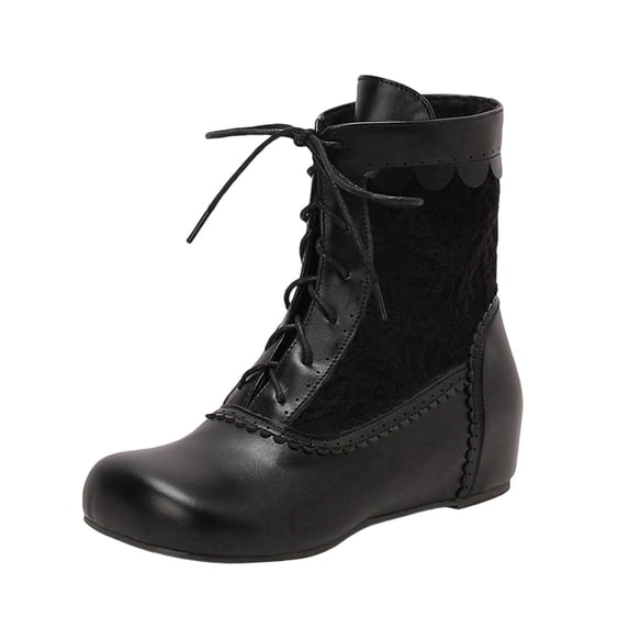 Xfvqtps Womens Embroide Ankle Boots Vintage Boho Style Lace up Round Toe Hidden Wedge Heel Winter Fashion Casual Flat Boots