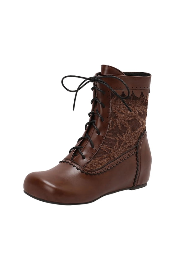 Womens Embroidered Ankle Boots Vintage Boho Style Lace up Round Toe Hidden Wedge Heel Winter Fashion Casual Flat Boots Brown