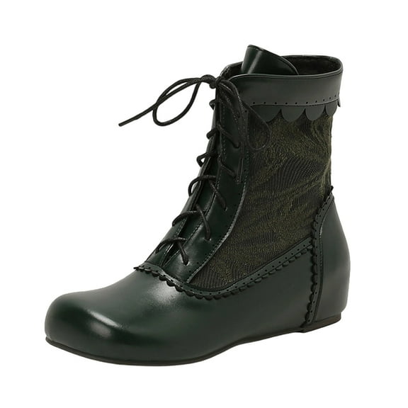 Xfvqtps Womens Embroidered Ankle Boots Vintage Boho Style Lace up Round Toe Hidden Wedge Heel Winter Fashion Casual Flat Boots Green