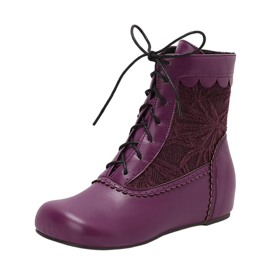 Xfvqtps Womens Embroidered Ankle Boots Vintage Boho Style Lace up Round Toe Hidden Wedge Heel Winter Fashion Casual Flat Boots Purple