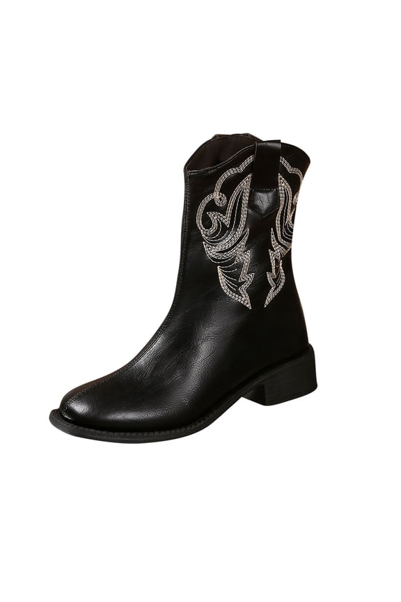Womens Embroidered Cowboy Boots Western Style Pointed Toe Mid Calf Boots with Block Heel Back Zipper Fashion Winter Boots Black