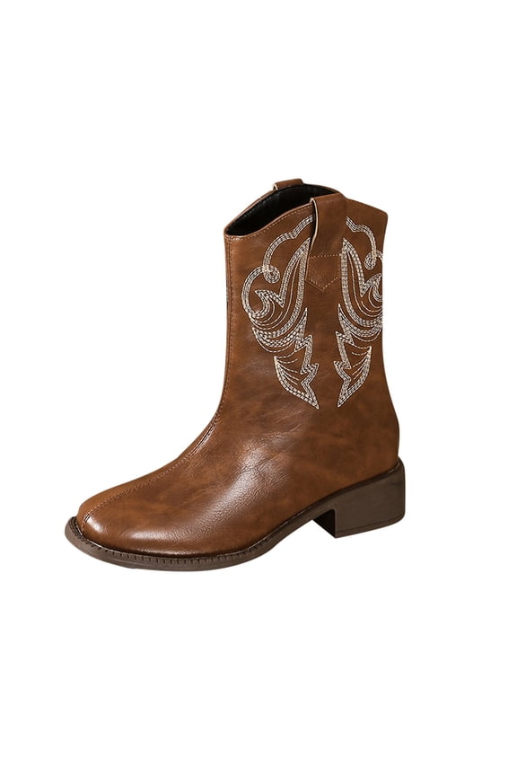 Womens Embroidered Cowboy Boots Western Style Pointed Toe Mid Calf Boots with Block Heel Back Zipper Fashion Winter Boots Brown