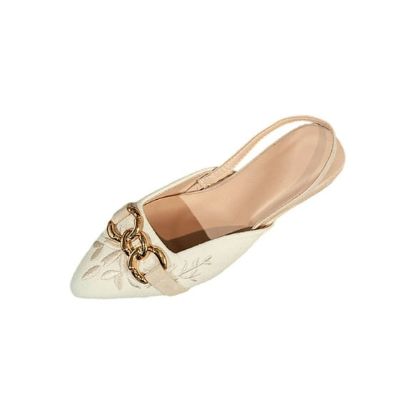 Xfvqtps Womens Embroidered Flat Sandals Pointed Toe Slingback Shoes with Chain Detail Comfortable Casual Walking Shoes Slip on Beige