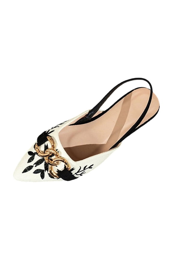 Womens Embroidered Flat Sandals Pointed Toe Slingback Shoes with Chain Detail Comfortable Casual Walking Shoes Slip on Black