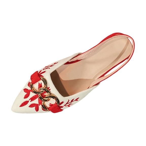 Xfvqtps Womens Embroidered Flat Sandals Pointed Toe Slingback Shoes with Chain Detail Comfortable Casual Walking Shoes Slip on Red