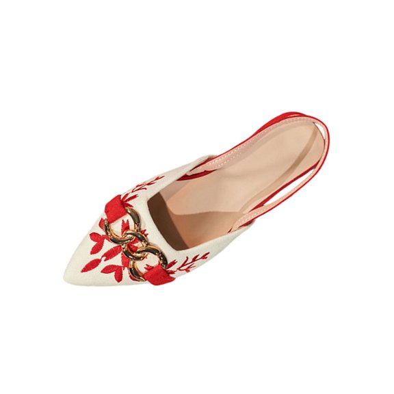 Xfvqtps Womens Embroidered Flat Sandals Pointed Toe Slingback Shoes with Chain Detail Comfortable Casual Walking Shoes Slip on Red