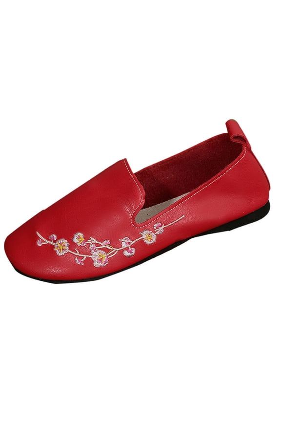 Womens Embroidered Moccasin Flats Slip on Loafers Floral Design Round Toe Casual Shoes Comfortable Flat Sole Red