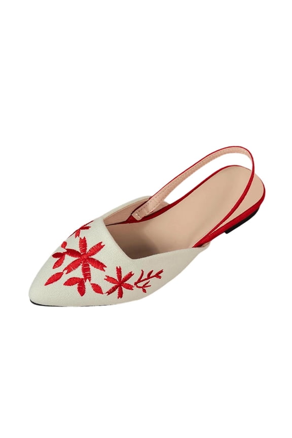 Womens Embroidered Slingback Flat Sandals Pointed Toe Comfortable Casual Summer Shoes Red
