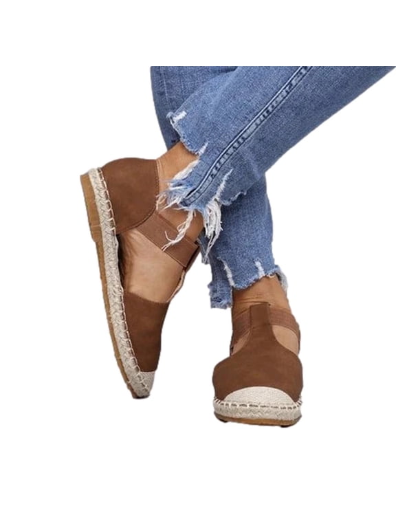 Womens Espadrille Sandals Flat Weaving Toe Slip on Close Toe Elastic Straps Solid Color Bohemia Style Cut out Soft Sole Comfortable Non Slip Breathable Summer Walking Shoes Brown