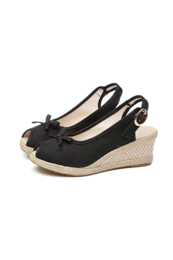Womens Espadrille Sandals Flatform Wedge Slingback Peep Toe Adjustable Buckle Bow Flax Non Slip Lightweight Breathable Summer Beach Sandal Black