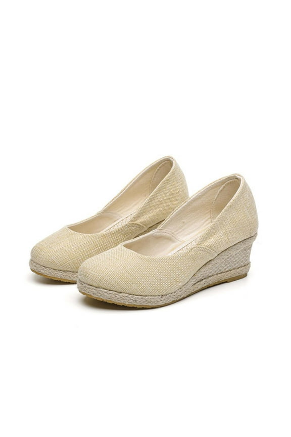 Womens Espadrille Shoes Flatform Wedge Close Toe Slip on Flax Solid Color Simple Non Slip Lightweight Breathable Summer Beach High Heels Beige