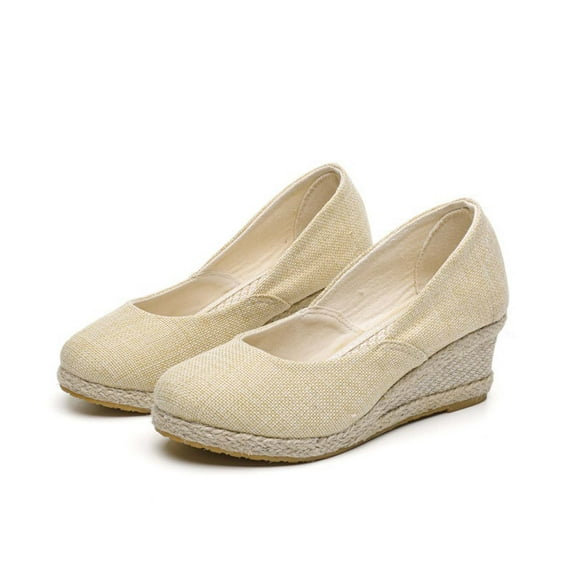 Xfvqtps Womens Espadrille Shoes Flatform Wedge Close Toe Slip on Flax Solid Color Simple Non Slip Lightweight Breathable Summer Beach High Heels Beige