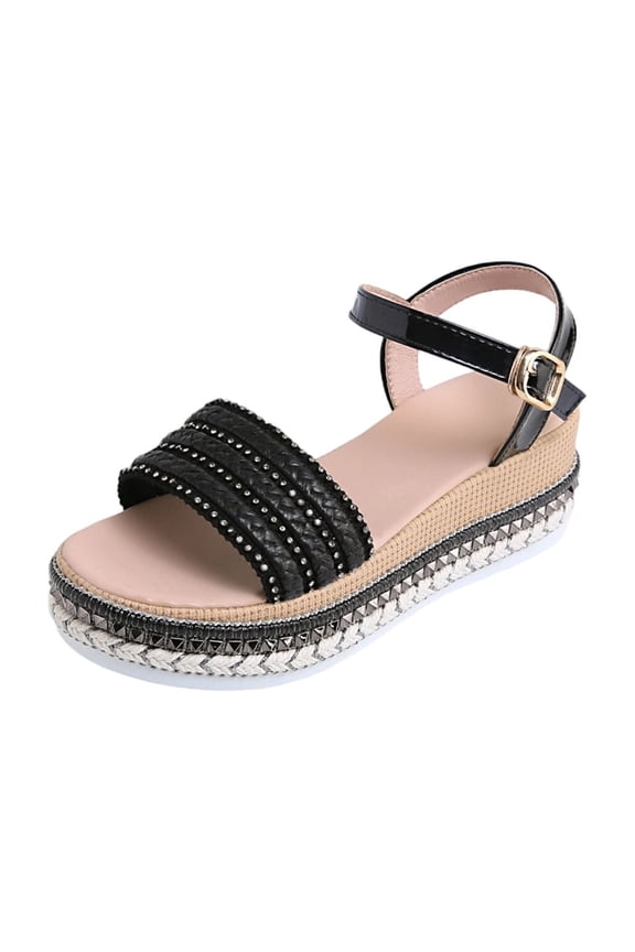 Womens Espadrille Wedge Sandals High Heel Adjustable Buckle Ankle Strap Rhinestone Non-Slip Sole Comfortable Summer Shoes