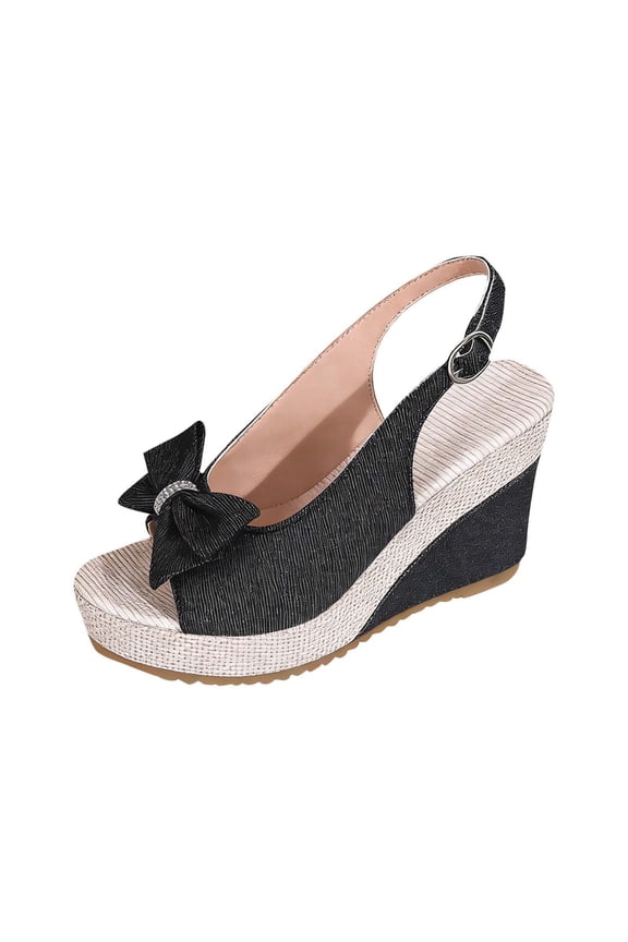 Womens Espadrille Wedge Sandals High Heel Peep Toe Slingback Adjustable Buckle Strap Rhinestone Bow Non-Slip Sole Comfortable Summer Shoes
