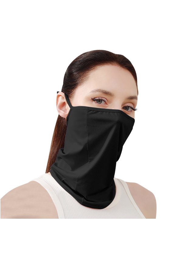 Womens Face Mask Neck Scarf Integrated with Ear Loops Ice Silk Cool Breathable Solid Color UV Protection Sun Protective Sunshade Multipurpose Cycling Mask Black