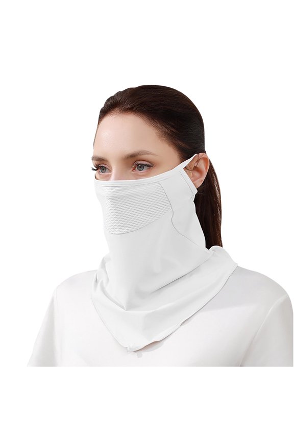 Womens Face Mask Neck Scarf Integrated with Ear Loops Mesh Breathable Ice Silk Cool Solid Color UV Protection Sun Protective Sunshade Multipurpose Cycling Mask White