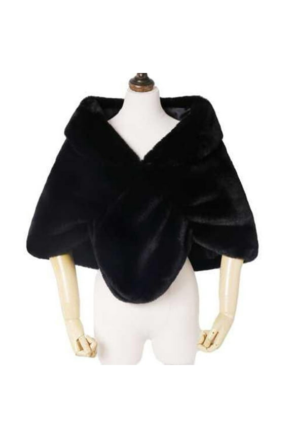 Womens Fake Faux Fur Shawl Wrap Fluffy Plush Collar Shrug for Cocktail Reception Party Warm Winter Evening Dress Cape Black