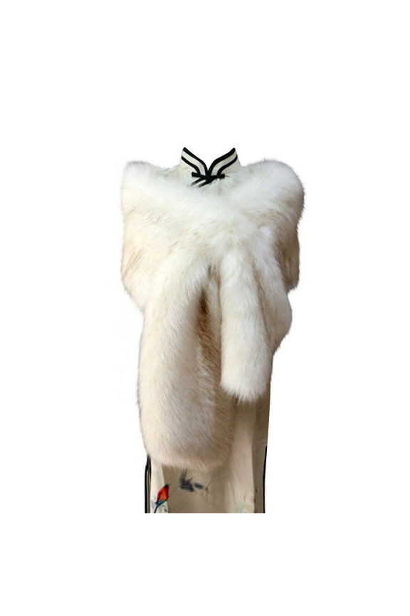 Womens Fake Faux Fur Shawl Wrap with Hole Fluffy Plush Collar Shrug for Cocktail Reception Party Warm Winter Evening Dress Cape Long 160Cm Beige