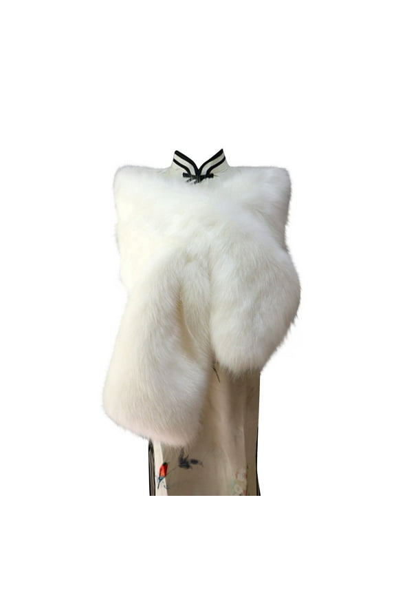Womens Fake Faux Fur Shawl Wrap with Hole Fluffy Plush Collar Shrug for Cocktail Reception Party Warm Winter Evening Dress Cape Long 160Cm White