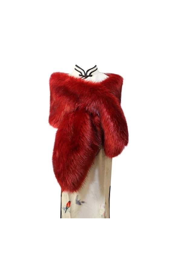 Womens Fake Faux Fur Shawl Wrap with Hole Fluffy Plush Collar Shrug for Cocktail Reception Party Warm Winter Evening Dress Cape Long 160Cm Wine