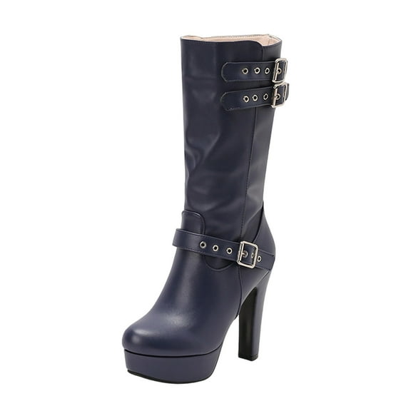 Xfvqtps Womens Fall Winter Boots Fashion Flatform Chunky Heel Mid Calf Boots with Side Zipper Buckle Strap Martin Ankle Boots Dark Blue