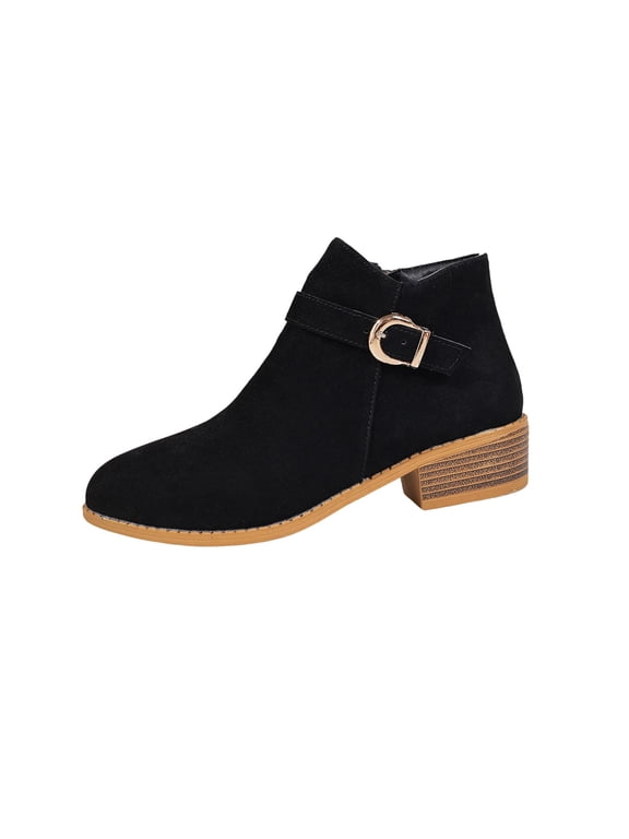 Womens Fashion Ankle Boots with Buckle Detail Retro Chunky Heel Suede Booties for Women Side Zipper Low Block Heel Shoes for Fall Winter Black