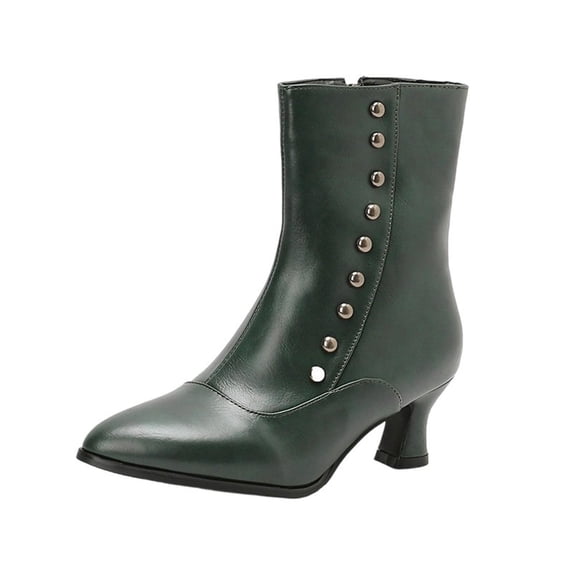 Xfvqtps Womens Fashion Ankle Boots Elegant Pointed Toe Low Heel Booties Genuine Leather with Side Zipper Pull on British Vintage Winter Fashion Boots Green
