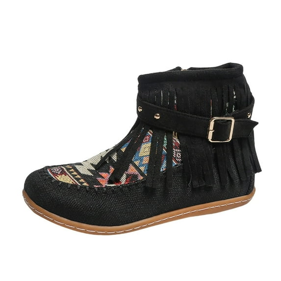 Xfvqtps Womens Fashion Ankle Boots with Tassel and Buckle Strap Flat Comfortable Winter Booties Side Zipper Pull on Casual Boho Boots for Outdoor Black