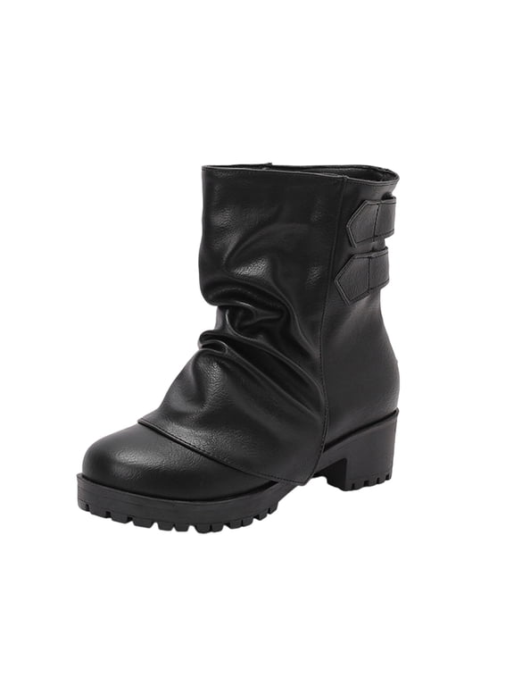 Womens Fashion Boots Fall Winter Low Block Heel Ankle Booties with Metal Buckles Faux Leather Stacked Short Boots for Casual Outdoor Black