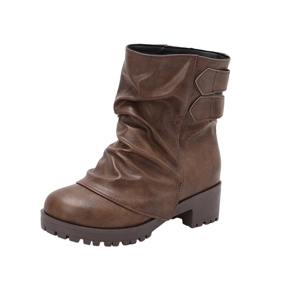 Xfvqtps Womens Fashion Boots Fall Winter Low Block Heel Ankle Booties with Metal Buckles Faux Leather Stacked Short Boots for Casual Outdoor Coffee