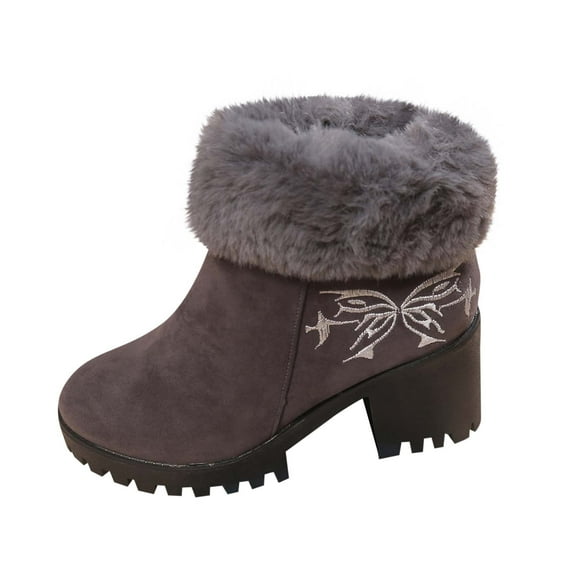 Xfvqtps Womens Fashion Boots Flatform Sole Chunky Heel 3.14 in Embroidered Ankle Boots for Women Warm Velvet Winter Booties Gray