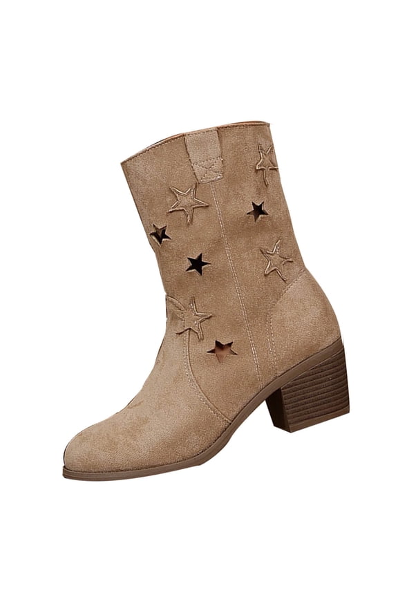 Womens Fashion Boots Star Cutout Ankle Boots Pointed Toe Chunky Heel Suede Booties Retro Casual Mid Calf Boots for Women Fall Winter Beige