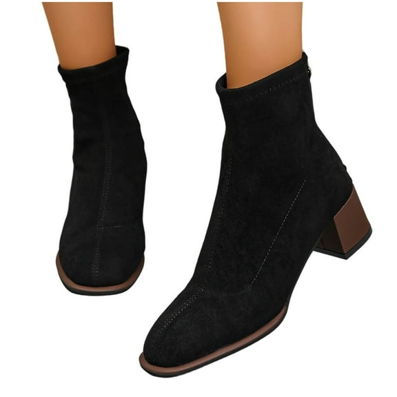 Xfvqtps Womens Fashion Boots Winter Ankle Booties Chunky Heel Skinny Suede Boots with Side Zipper for Casual Comfort Outdoor Black