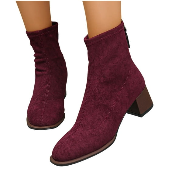Xfvqtps Womens Fashion Boots Winter Ankle Booties Chunky Heel Skinny Suede Boots with Side Zipper for Casual Comfort Outdoor Wine