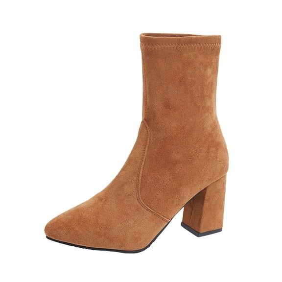 Xfvqtps Womens Fashion Boots Winter Ankle Booties Pointed Toe Chunky Heel Suede Boots with Side Zipper Comfort Casual Shoes for Women Indoor Outdoor Coffee