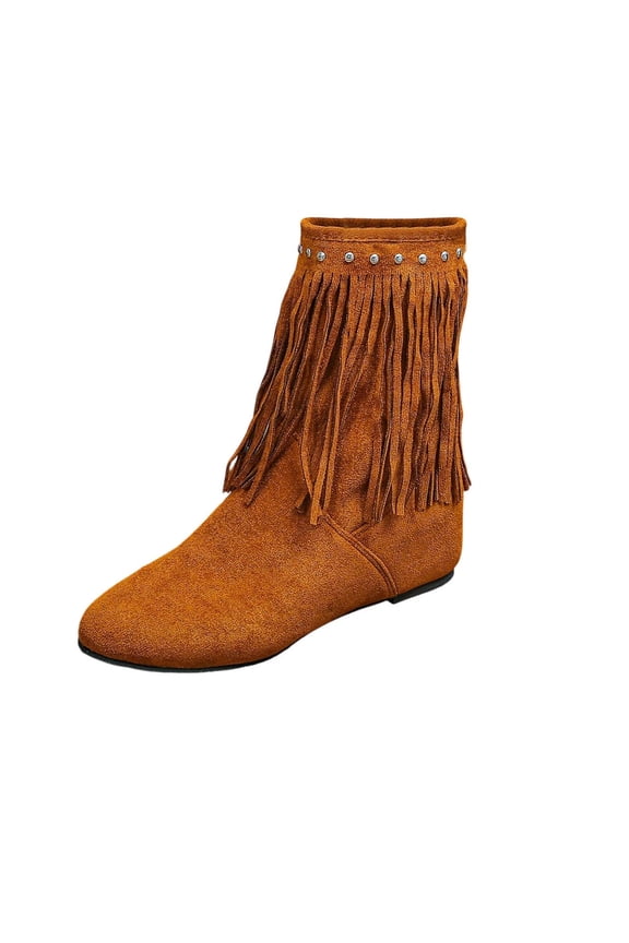 Womens Fashion Boots Winter Boho Fringe Slip on Booties Mid Calf Flat Heel Suede Ankle Boots with Studs for Casual Outfit Brown