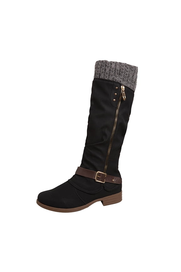 Womens Fashion Boots Winter Knee High Leather Riding Boots Low Heel Comfortable with Side Zipper Knit Cuff Ankle Boots for Women Black