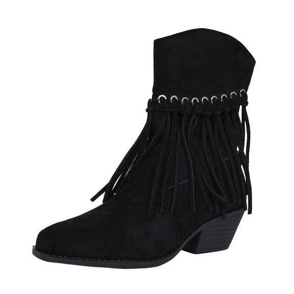 Xfvqtps Womens Fashion Boots Winter Pointed Toe Tassel Ankle Booties Chunky Heel Side Zipper Comfortable Western Boots for Casual Outdoor Black